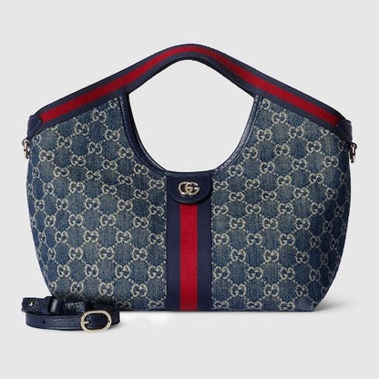 Small Tote Bag With Web GG Denim Detachable Pouch