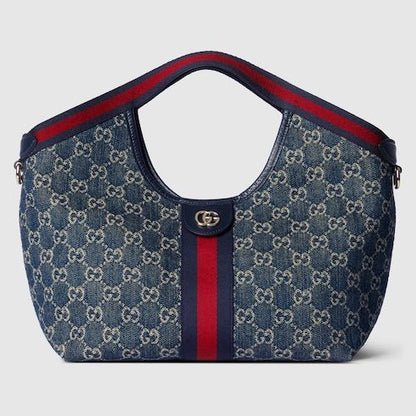 Small Tote Bag With Web GG Denim Detachable Pouch