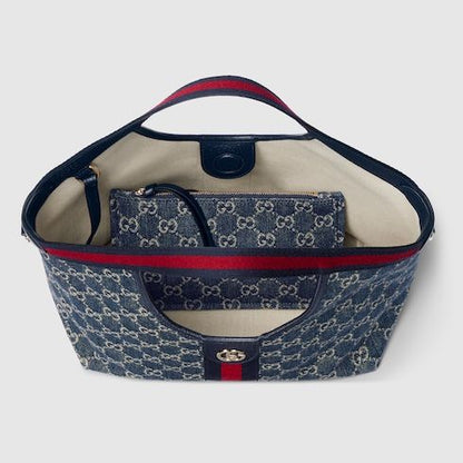 Small Tote Bag With Web GG Denim Detachable Pouch