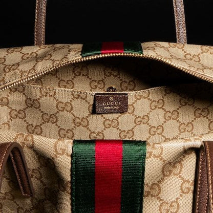 Medium Boston Bag With Web GG Coated Canvas