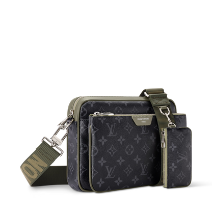 Trio Messenger Monogram Eclipse Canvas Khaki Green Ruthenium-Tone Brass Hardware