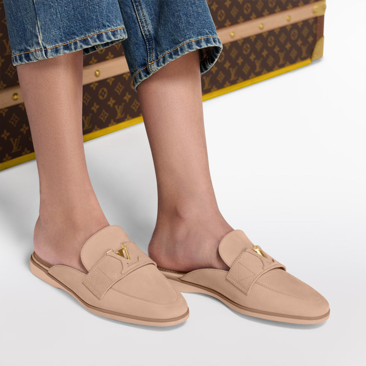 Women's LV Mare Flex Open Back Loafer Beige Nubuck Calf Leather 1AIGO4